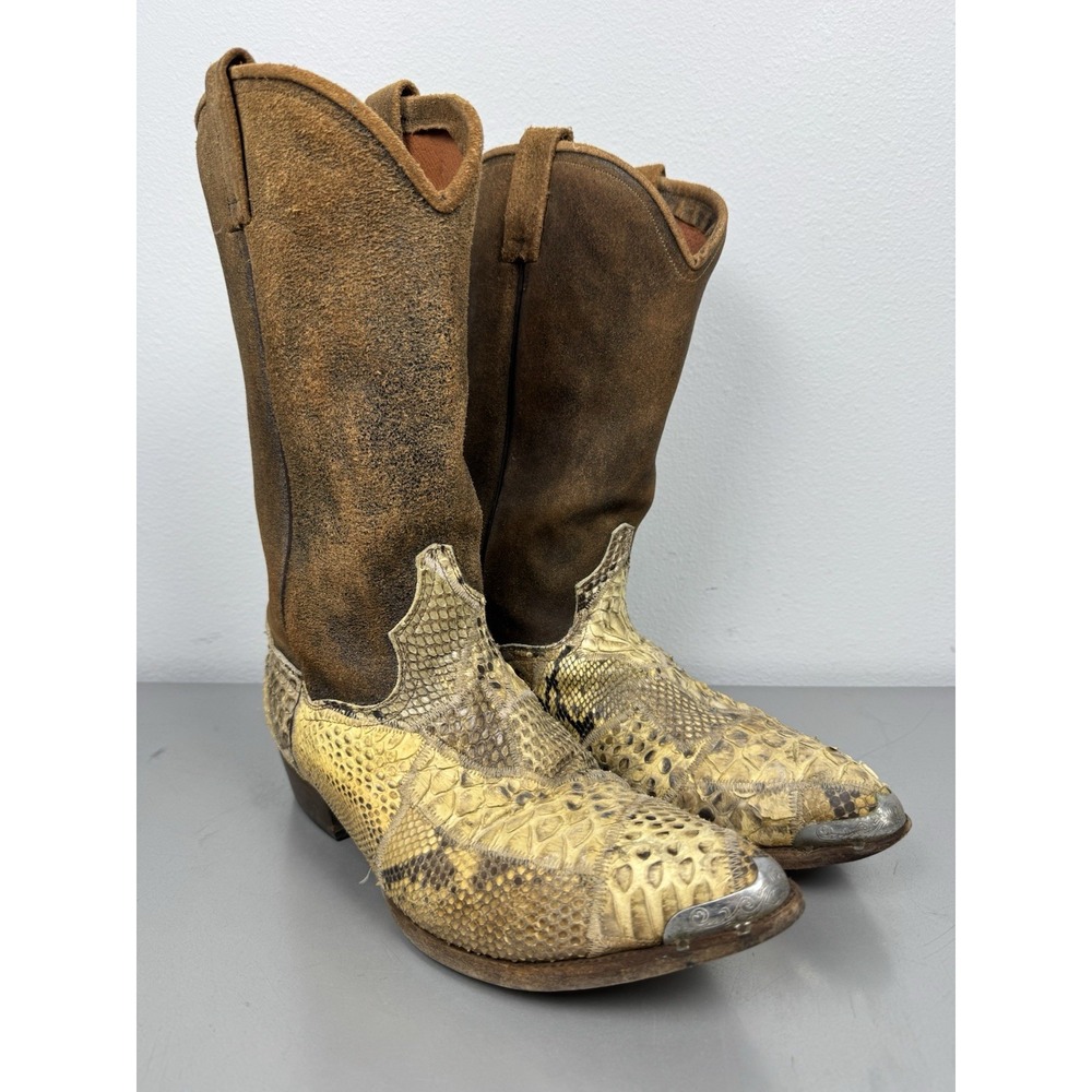 Vintage Dan Post Cowboy Boots Mens 11 EW Python Snakeskin Leather Brown Wingtip